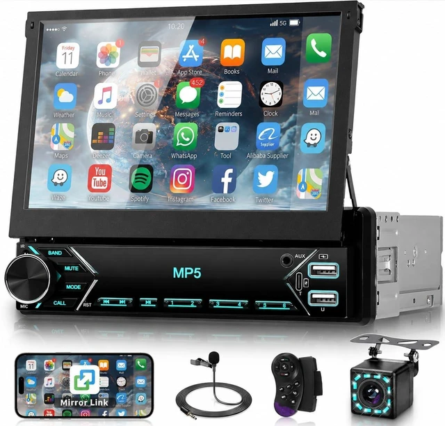 Main image of Driauto Single Din Flip Out Car Stereo Bluetooth 7 Inch Retractable Touch Screen Car Radio 1 Din Mirror Link/FM/EQ USB/Type-C/AUX SWC, Car Audio Receiver MP5 Multimedia Player with Backup Camera