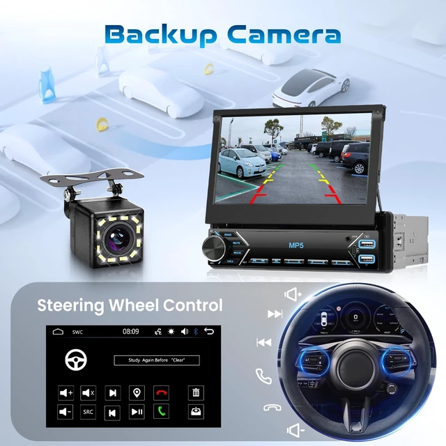 Alt view image 5 of 5 - Driauto Single Din Flip Out Car Stereo Bluetooth 7 Inch Retractable Touch Screen Car Radio 1 Din Mirror Link/FM/EQ USB/Type-C/AUX SWC, Car Audio Receiver MP5 Multimedia Player with Backup Camera