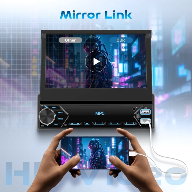 Alt view image 2 of 5 - Driauto Single Din Flip Out Car Stereo Bluetooth 7 Inch Retractable Touch Screen Car Radio 1 Din Mirror Link/FM/EQ USB/Type-C/AUX SWC, Car Audio Receiver MP5 Multimedia Player with Backup Camera