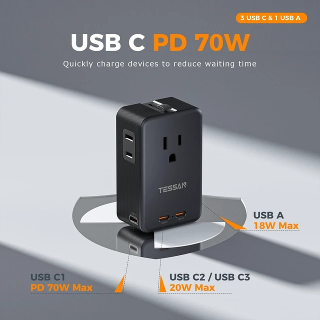 Alt view image 2 of 5 - TESSAN Universal Travel Adapter 70W, Ultra Thin International Power Adapter
