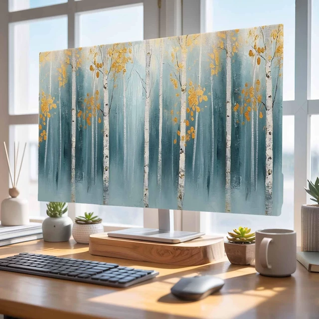 Alt view image 4 of 5 - DecorLovee Abstract Forest Art TV Cover Indoor Elastic TVs Screen Protector, Oil Painted Trees Branch Smear Art Monitor Covers Inside Dust Proof Slipcover, 65 Inch TV Cover for Flat or Curved TVs