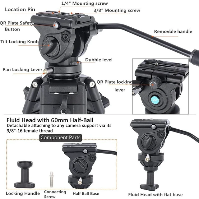 Alt view image 4 of 5 - YUSEN 72" Camera Tripod Heavy Duty Twin Tube Video Tripod Stand