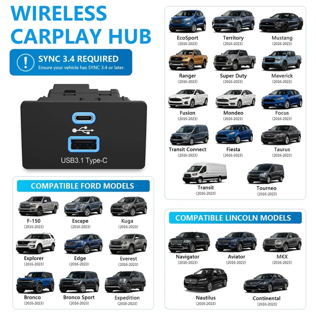 Alt view image 3 of 5 - Wireless Carplay Hub CarPlay USB Media Hub for Ford F-150 2013-2023 USB Type-C Hub Upgrade Module for Ford Lincoln SYNC 3 Version 3.4 Only for Apple CarPlay