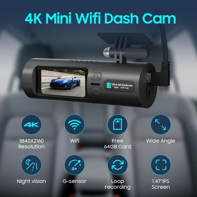 Alt view image 2 of 5 - 4K Dash Cam Front, 64GB Card Included, Dash Camera for Cars Built in WiFi, Mini Dashcam with Night Vision, App Control, Loop Recording, Emergency Lock, 1.47'' IPS Screen, Support 128GB Max
