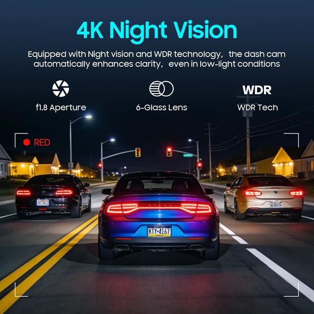 Alt view image 5 of 5 - 4K Dash Cam Front, 64GB Card Included, Dash Camera for Cars Built in WiFi, Mini Dashcam with Night Vision, App Control, Loop Recording, Emergency Lock, 1.47'' IPS Screen, Support 128GB Max