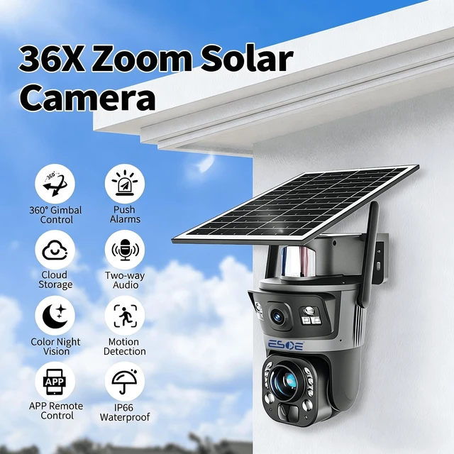 Alt view image 2 of 5 - ESOE Ubox Dual-Lens 36X Optical Zoom Solar Security Camera, 6MP WIFI/4G Outdoor PTZ Camera with AI Human Detection, Two-Way Audio, Color Night Vision, Cloud & TF Card Storage (WiFi)