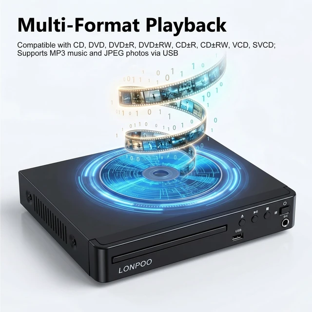 Alt view image 2 of 5 - LONPOO Region Free DVD Player for TV 1080P Upscaling HDMI USB MIC Compact