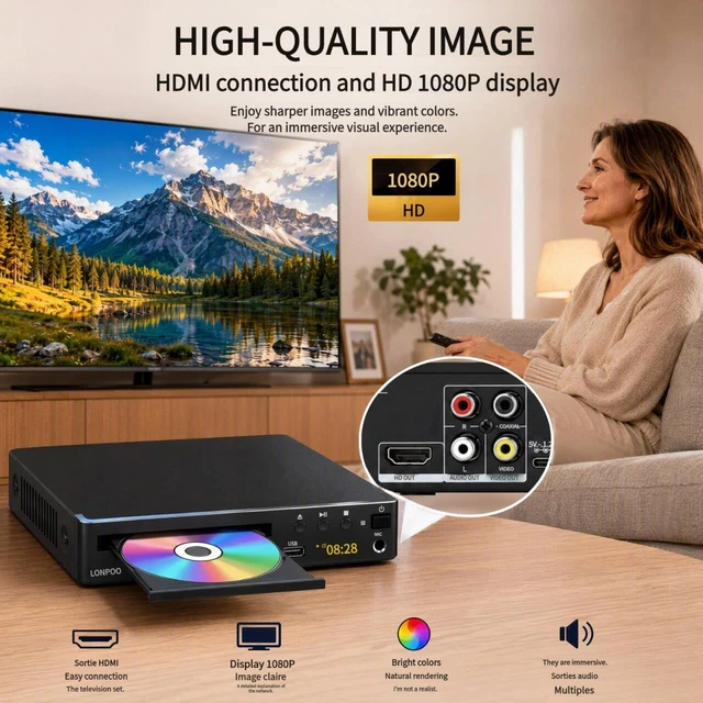 Alt view image 3 of 5 - LONPOO Region Free DVD Player for TV 1080P Upscaling HDMI USB MIC Compact