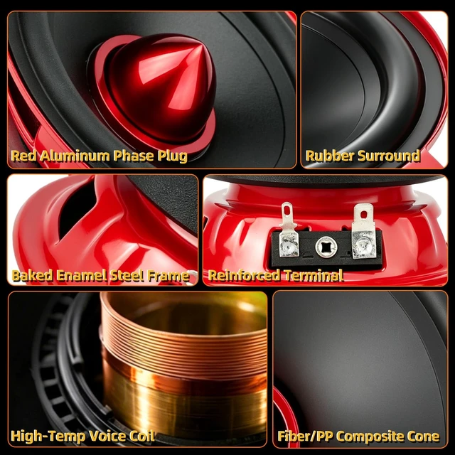 Alt view image 3 of 5 - 3.5 Inch Car Speakers 600W Woofer Red Aluminum Bullet 4 Ohm Midrange Audio