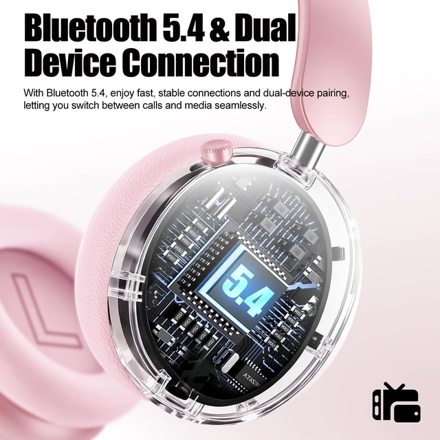 Alt view image 5 of 5 - Wentronic Y06 Noise Cancelling Headphones,58H Playtime and 5 EQ Music Modes Wireless Over Ear Bluetooth Headphones with Microphone,Lossless Audio,Multipoint Connection,Foldable,Lightweight,Pink