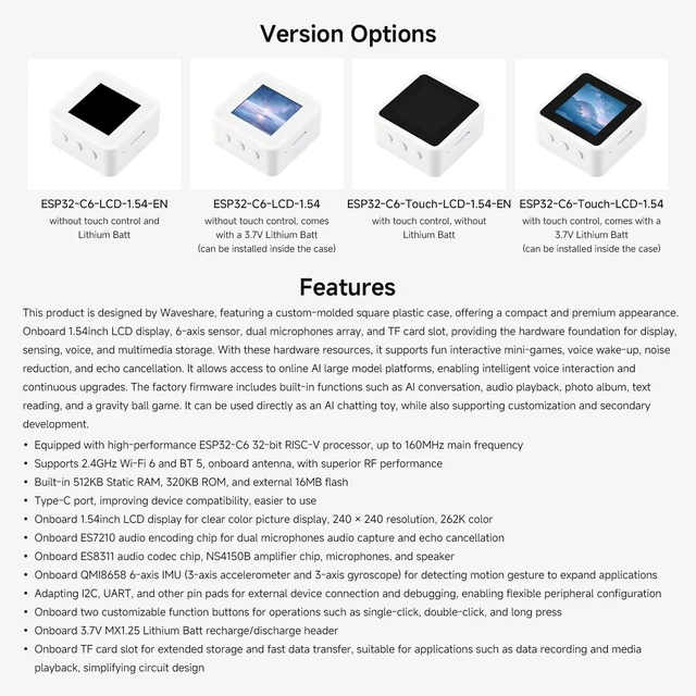 Alt view image 4 of 5 - Waveshare ESP32-C6 1.54inch LCD Display Development Board, 240 240 Resolution, 262K Color, Supports Dual Microphones, 2.4GHz Wi-Fi 6 and BLE 5, with Touch Function, No Batt