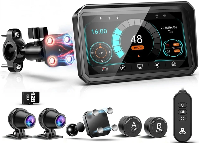 Main image of 2026 LBW 6" Wireless GPS Motorcycle CarPlay (Includes 128G SD) with Android Auto Navigation, Dual 2K Dash Cam, HD Waterproof Screen, TPMS, Remote Control, BT, Quick Release Magnetic Design Moun