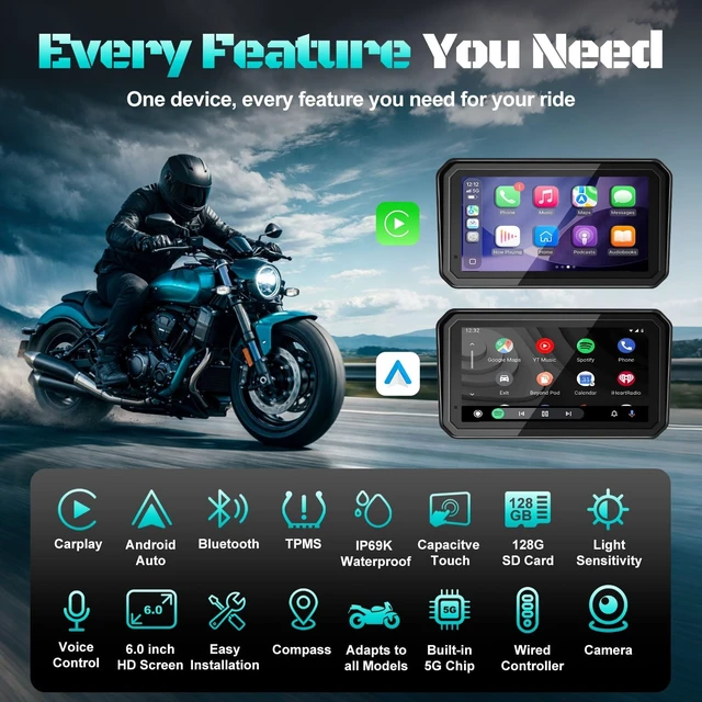Alt view image 2 of 5 - 2026 LBW 6" Wireless GPS Motorcycle CarPlay (Includes 128G SD) with Android Auto Navigation, Dual 2K Dash Cam, HD Waterproof Screen, TPMS, Remote Control, BT, Quick Release Magnetic Design Moun
