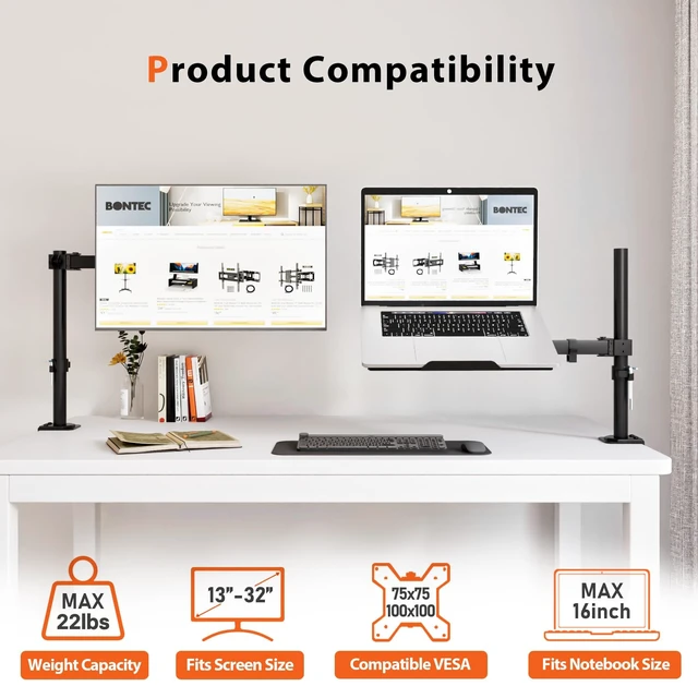 Alt view image 2 of 5 - BONTEC Laptop Arm for Desk, 13-32 Inch, 22lbs, VESA 75/100 Compatible