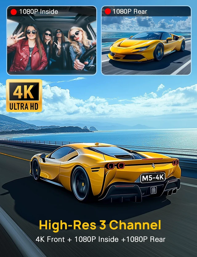 Alt view image 2 of 5 - Anyski 3 Channel 4K Dash Cam Front and Rear Inside, Built-in 5G WiFi, 4K+1080P+1080P Dash Camera for Cars with 64GB Card, Dashcam with Loop Recording, G-Sensor, 24H Parking Monitor, Silver