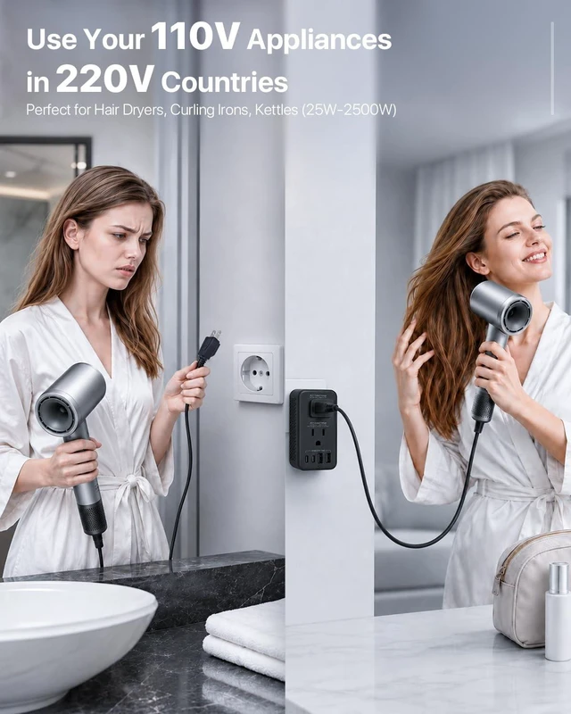 Alt view image 2 of 5 - 2000W 220V to 110V Voltage Converter US to Europe for Hair Dryer, Converter for European Travel, 6-in-1 Charging with 4 Plugs for Travel Worldwide
