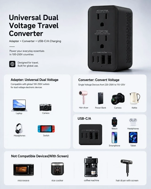 Alt view image 3 of 5 - 2000W 220V to 110V Voltage Converter US to Europe for Hair Dryer, Converter for European Travel, 6-in-1 Charging with 4 Plugs for Travel Worldwide