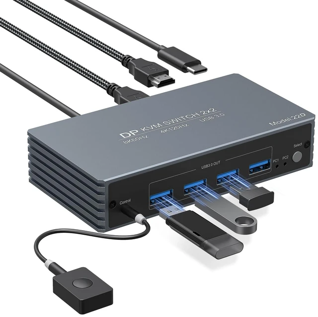 Main image of 4K@120Hz Kvm Switch 2 Monitors 2 Computers 8K@60Hz DP Displayport Dual Monitor KVM Switches, 4 USB3.0 Ports for 2 PC Share Mouse Keyboard and 2 Screens Support PoC EDID Button Switch Plug and Play