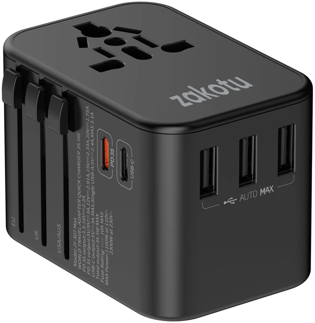 Main image of Universal Travel Adapter, 35.5W 5-in-1 Worldwide Power Adapter with PD Fast Charge USB C, 5 Port Compact Charging Hub with AC Outlet for All USB Devices, 110V-230V for 200+ Countries (US/UK/EU/AU)
