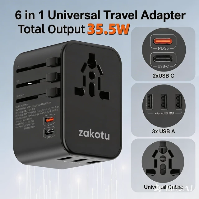 Alt view image 3 of 5 - Universal Travel Adapter, 35.5W 5-in-1 Worldwide Power Adapter with PD Fast Charge USB C, 5 Port Compact Charging Hub with AC Outlet for All USB Devices, 110V-230V for 200+ Countries (US/UK/EU/AU)
