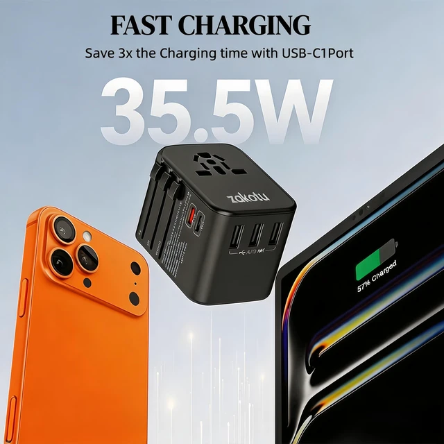 Alt view image 2 of 5 - Universal Travel Adapter, 35.5W 5-in-1 Worldwide Power Adapter with PD Fast Charge USB C, 5 Port Compact Charging Hub with AC Outlet for All USB Devices, 110V-230V for 200+ Countries (US/UK/EU/AU)