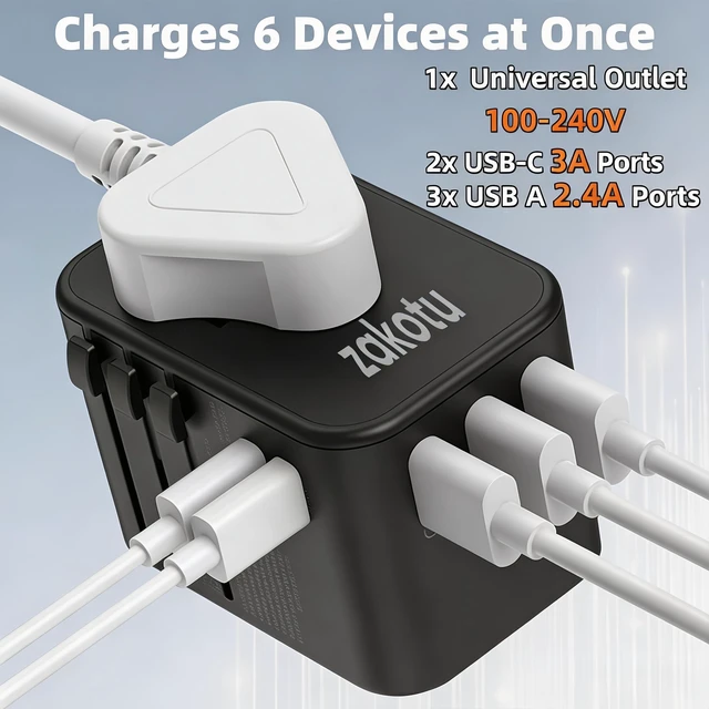 Alt view image 5 of 5 - Universal Travel Adapter, 35.5W 5-in-1 Worldwide Power Adapter with PD Fast Charge USB C, 5 Port Compact Charging Hub with AC Outlet for All USB Devices, 110V-230V for 200+ Countries (US/UK/EU/AU)
