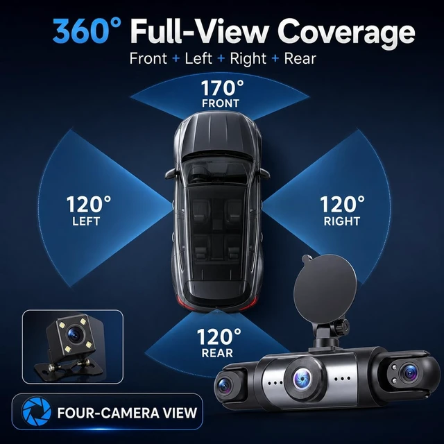 Alt view image 2 of 5 - 360 Dash Cam 4 Channel, 4K Front & 1080P Interior Recording With 360 View, With Night Visions & Parking Mode, Loop Recording Feature, 128GB Card, Front Rear Side Cameras, Vehicle Recorder