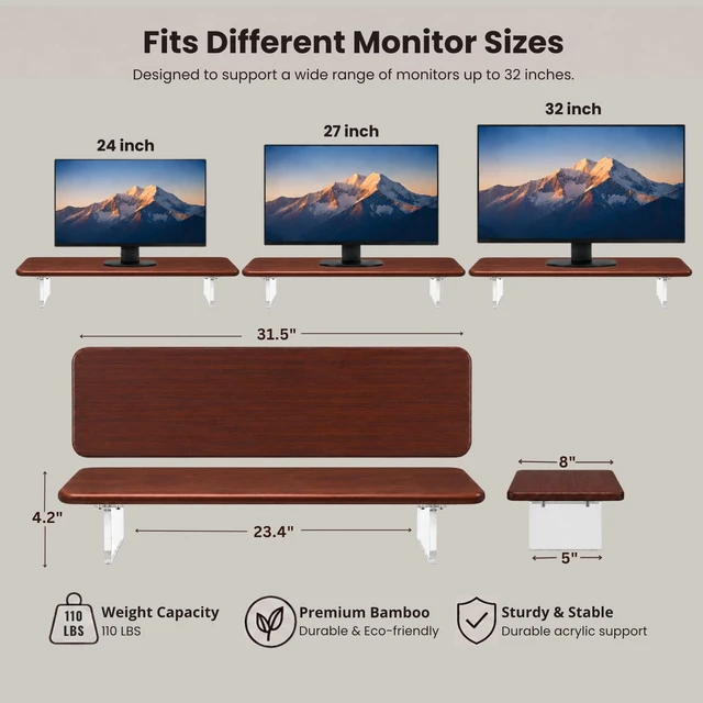 Alt view image 2 of 5 - Bamboo Monitor Riser, Wide Desktop Monitor Stand for Desk with Clear Acrylic Legs, 31.5 x 8" Bamboo Wood Shelf, Fit Keyboard, Home Office Workspace Accessories,Study Stationaries Storage (Dark Brown)
