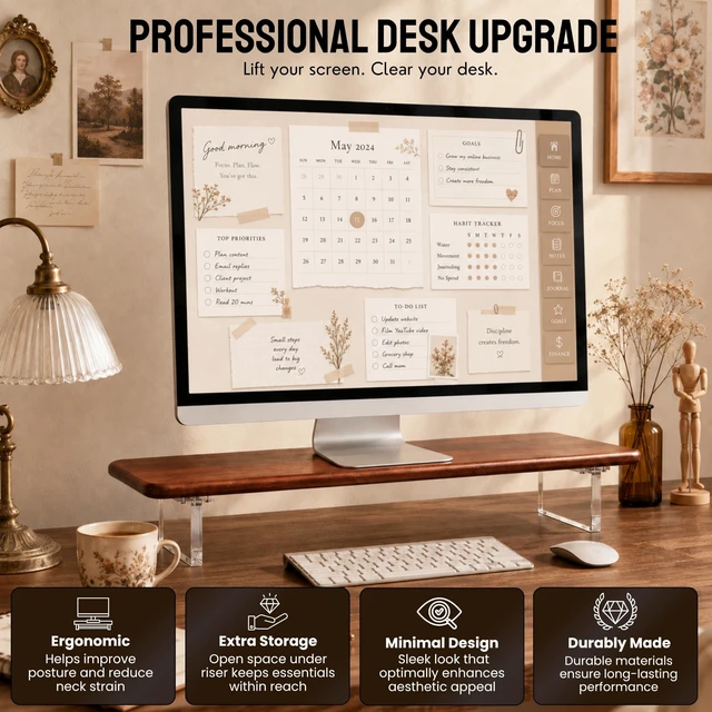 Alt view image 4 of 5 - Bamboo Monitor Riser, Wide Desktop Monitor Stand for Desk with Clear Acrylic Legs, 31.5 x 8" Bamboo Wood Shelf, Fit Keyboard, Home Office Workspace Accessories,Study Stationaries Storage (Dark Brown)
