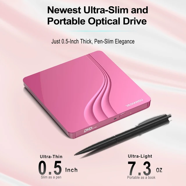 Alt view image 2 of 5 - External CD DVD Drive, 0.5 Ultra Slim USB 3.0 Type-C DVD Player, CD DVD+/-RW Optical Drive, Portable DVD CD Burner Reader Writer Recorder for Laptop, Desktop, Mac, Windows 11/10/8/7, Linux, Pink