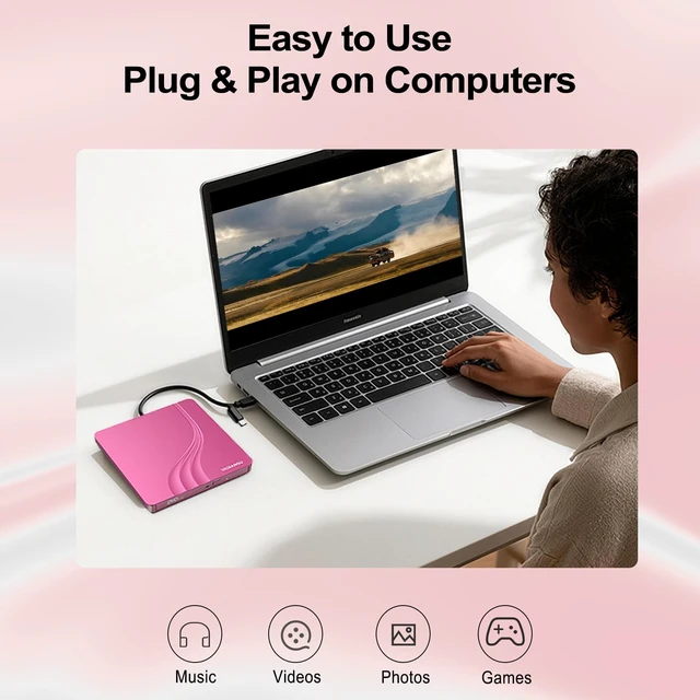 Alt view image 4 of 5 - External CD DVD Drive, 0.5 Ultra Slim USB 3.0 Type-C DVD Player, CD DVD+/-RW Optical Drive, Portable DVD CD Burner Reader Writer Recorder for Laptop, Desktop, Mac, Windows 11/10/8/7, Linux, Pink