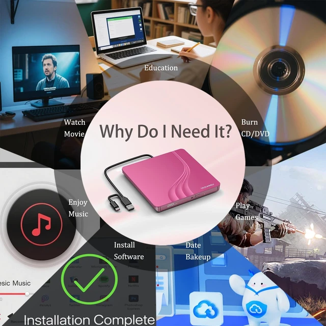 Alt view image 5 of 5 - External CD DVD Drive, 0.5 Ultra Slim USB 3.0 Type-C DVD Player, CD DVD+/-RW Optical Drive, Portable DVD CD Burner Reader Writer Recorder for Laptop, Desktop, Mac, Windows 11/10/8/7, Linux, Pink