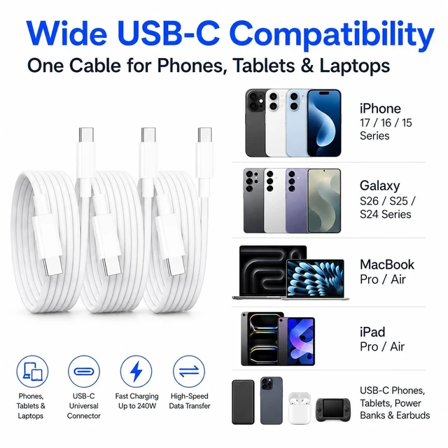 Alt view image 4 of 5 - 240W USB C to USB C Cable , Type C Fast Charging Cord for iPhone 18/17 Pro