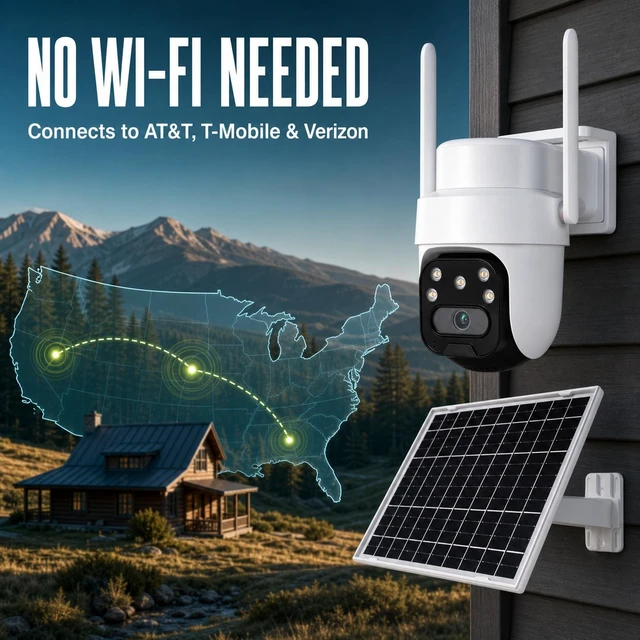 Alt view image 2 of 5 - Sunrain 24/7 Recording 4G LTE Solar Security Camera Outdoor No Wi-Fi 2K Night Vision Two-Way Talk