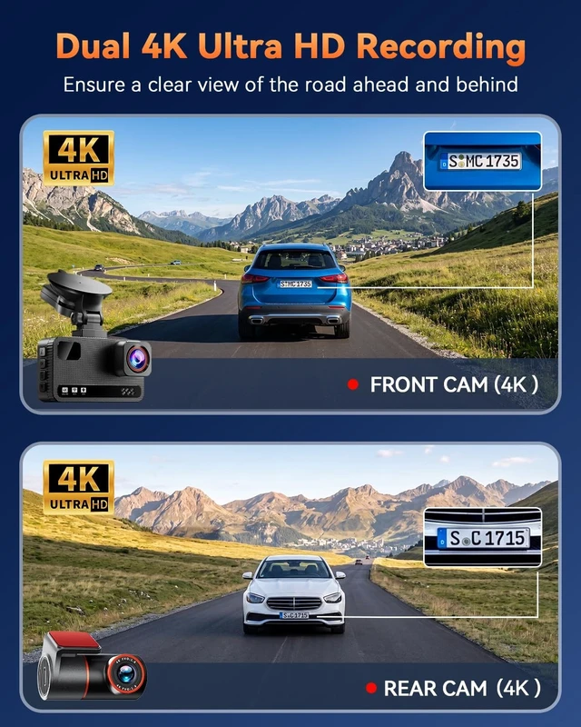 Alt view image 2 of 5 - 4K+4K Dual Dash Cam Front and Rear, Free 128GB Card, Starlight Night Vision
