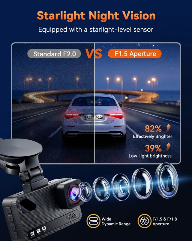 Alt view image 3 of 5 - 4K+4K Dual Dash Cam Front and Rear, Free 128GB Card, Starlight Night Vision
