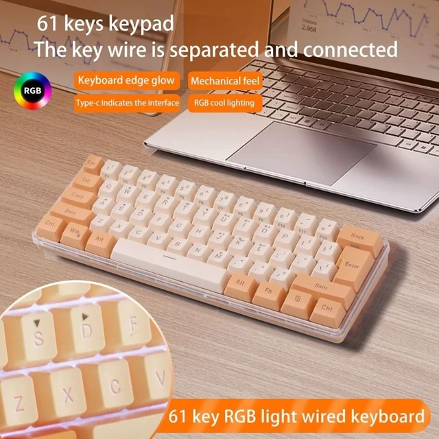 Alt view image 2 of 5 - Anu Limen 60% Wired Gaming Keyboard 61 Keys RGB Backlit Compact Keyboard for Windows,Ergonomic Design with Plug and Play USB Cable(Orange Yellow)