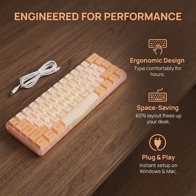 Alt view image 4 of 5 - Anu Limen 60% Wired Gaming Keyboard 61 Keys RGB Backlit Compact Keyboard for Windows,Ergonomic Design with Plug and Play USB Cable(Orange Yellow)