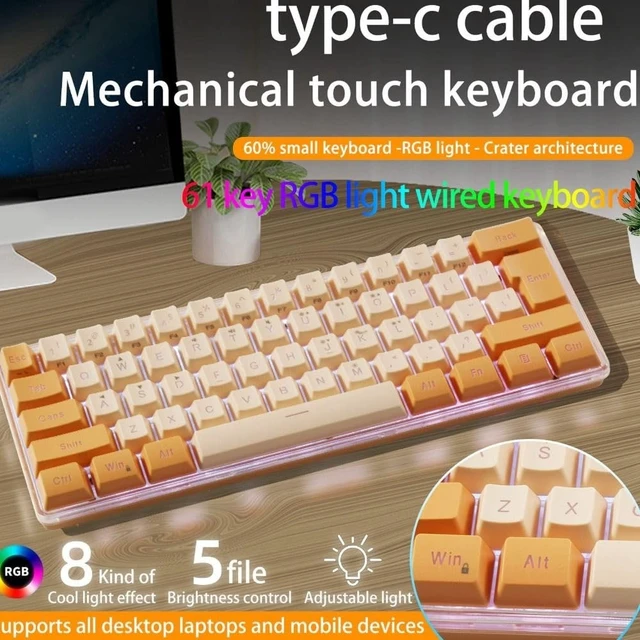 Alt view image 5 of 5 - Anu Limen 60% Wired Gaming Keyboard 61 Keys RGB Backlit Compact Keyboard for Windows,Ergonomic Design with Plug and Play USB Cable(Orange Yellow)
