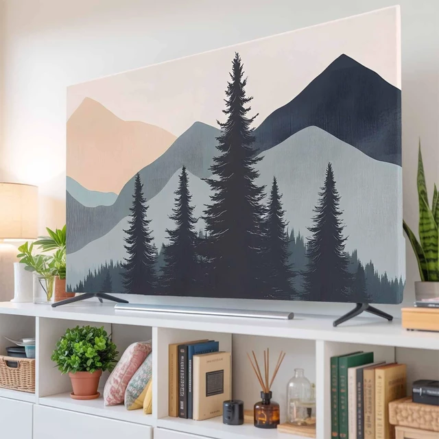 Alt view image 2 of 5 - Mountain Forest Indoor TV Cover 65 Inch LCD TV Screen Protector Stretchable Television Dust Cover Nature Tree Scenery Watercolor Pink Blue Dustproof Television Display Protector for LED Desktop Decor