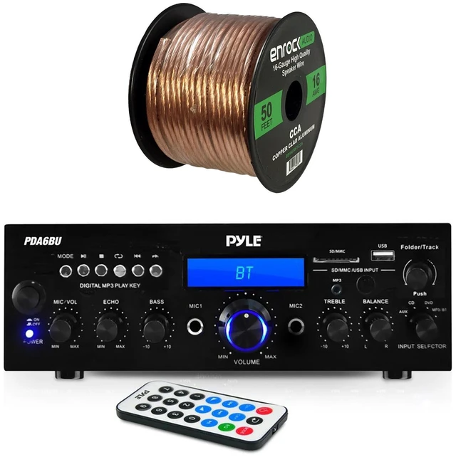 Main image of Pyle PDA6BU Amplifier Receiver Stereo, Bluetooth, AM/FM Radio, USB Flash Reader, Aux input (3.5mm) LCD Display, 200 Watt - Bundle With Enrock 50ft 16g Speaker Wire