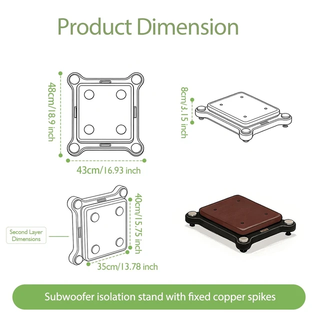 Alt view image 4 of 5 - Compact low-profile subwoofer isolation stand with adjustable spikes, rubber feet, 2-level speaker platform, stabilizer base, and wheels for studio monitors and floor speakers.(Black#1,35x40cm)