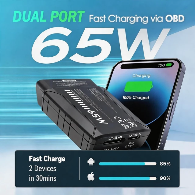 Alt view image 2 of 5 - 65W OBD2 to USB-C/USB-A Car Adapter with Low Voltage Protection - Dual Port 12V/24V Constant Power Supply for Dash Cam, Phone Charging - Anti Battery Drain OBDII Diagnostic Port Charger