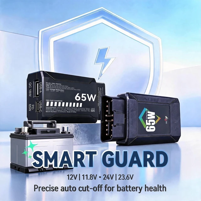 Alt view image 3 of 5 - 65W OBD2 to USB-C/USB-A Car Adapter with Low Voltage Protection - Dual Port 12V/24V Constant Power Supply for Dash Cam, Phone Charging - Anti Battery Drain OBDII Diagnostic Port Charger