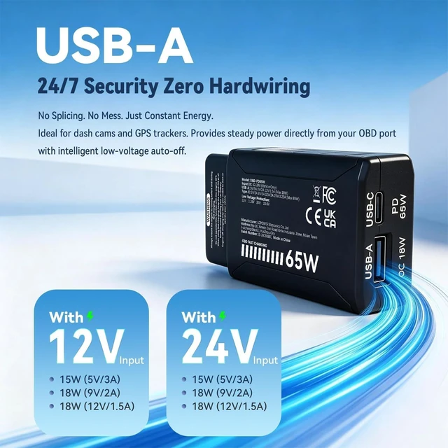 Alt view image 4 of 5 - 65W OBD2 to USB-C/USB-A Car Adapter with Low Voltage Protection - Dual Port 12V/24V Constant Power Supply for Dash Cam, Phone Charging - Anti Battery Drain OBDII Diagnostic Port Charger