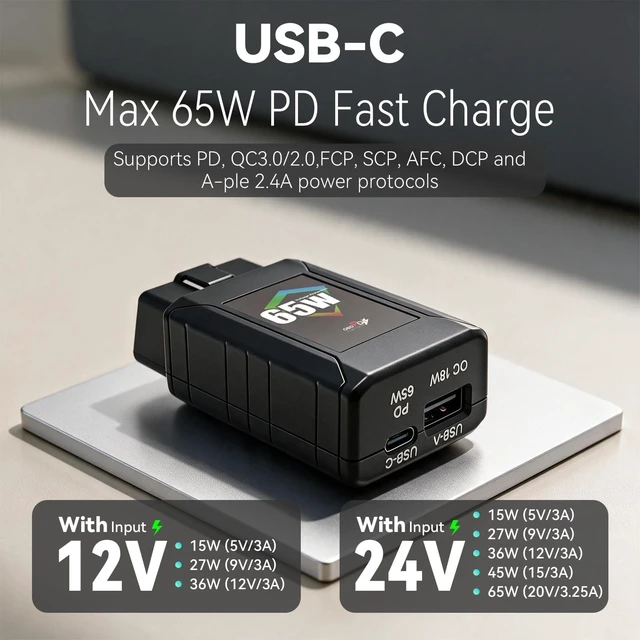 Alt view image 5 of 5 - 65W OBD2 to USB-C/USB-A Car Adapter with Low Voltage Protection - Dual Port 12V/24V Constant Power Supply for Dash Cam, Phone Charging - Anti Battery Drain OBDII Diagnostic Port Charger