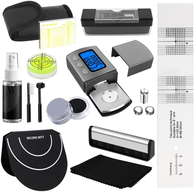 Main image of 12-in-1 Vinyl Record Cleaning Kit,Turntable Cartridge Alignment Kit with Digital Scale,Azimuth Ruler,Alignment Protractor,Spirit Level,Velvet Brush,Stylus Brush,Record Mitts,Cleaning Cloth