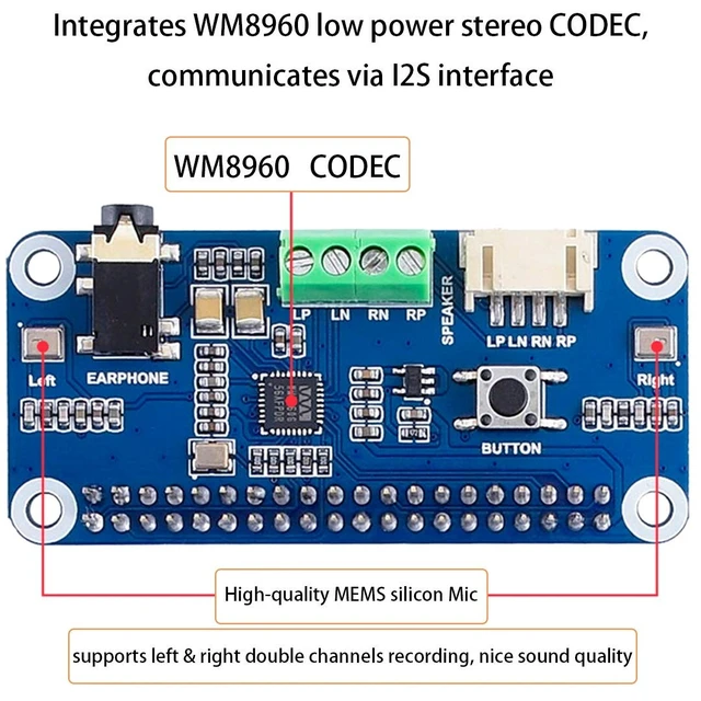Alt view image 3 of 5 - WM8960 Audio HAT Module for Raspberry Pi 5/4B/3B+/Zero 2W/Pico W/Pico 2W