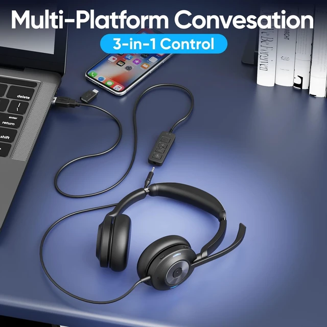 Alt view image 3 of 5 - Wired Headset with Microphone for PC, 3.5mm Headset with USB-A & USB-C Jack, Noise Cancelling Mic USB Headset with In-Line Mute, Computer Headphone for Call Center, Work, Laptop, Teams, Office Calls