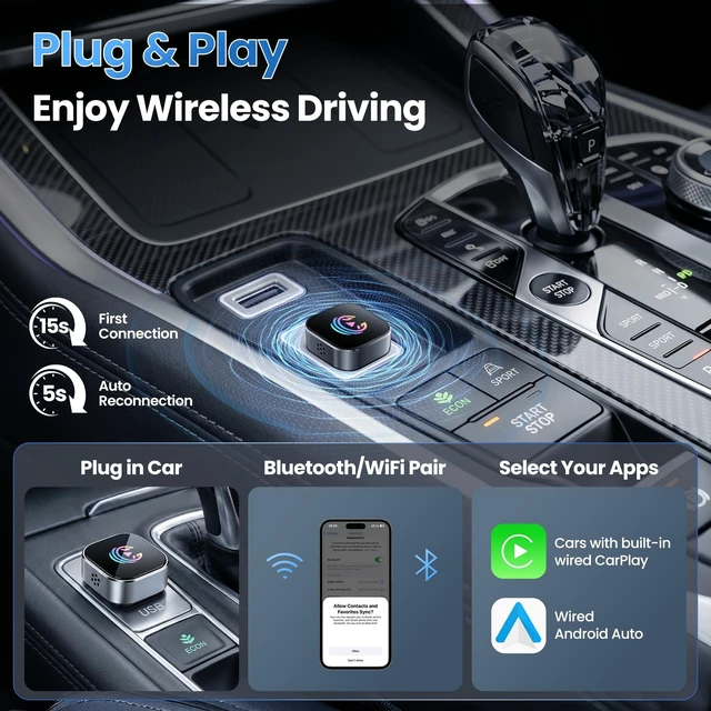 Alt view image 4 of 5 - Wireless CarPlay Adapter & Android Auto Wireless Adapter, 2-in-1 Fast and Stable Connection, Plug & Play Auto Reconnect, Mini Size with USB-A/USB-C (Gray)